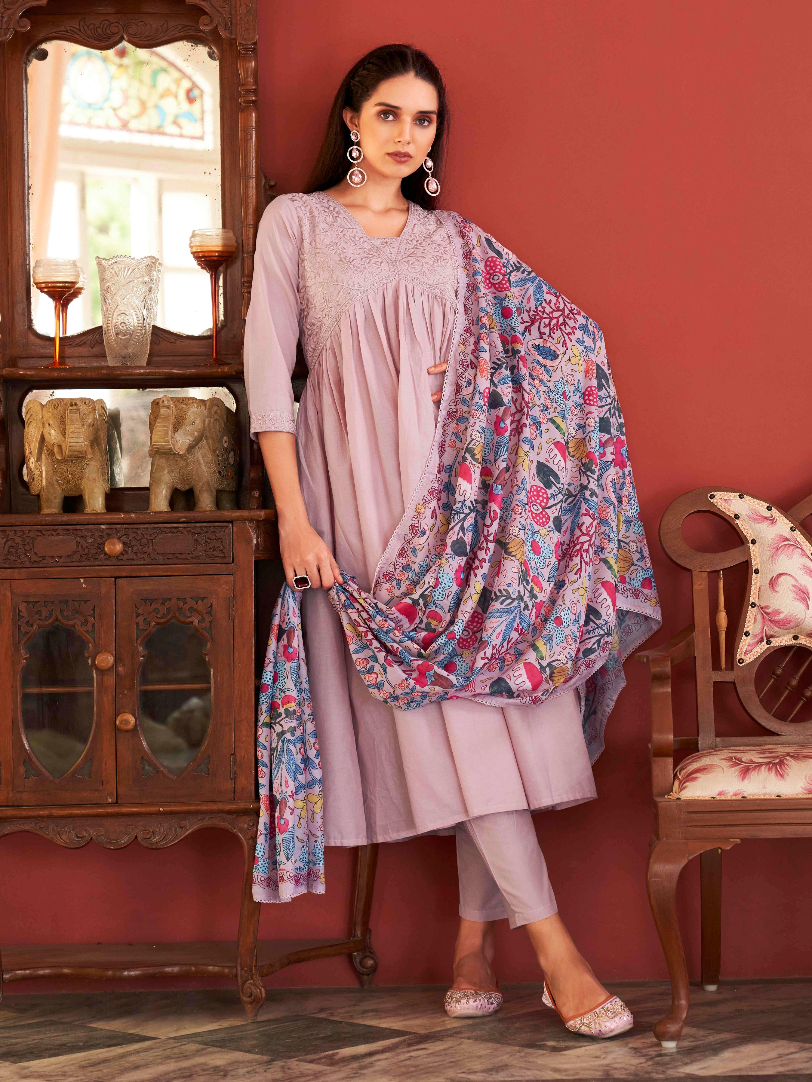Rose Pink Color Cotton Cambric Tonal Thread Embroidered Alia Cut Flared Kurta Set